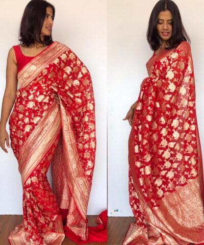 Red Banarasi Silk Saree in Pure Khaddi Georgette adorned with Antique Gold Zari Motifs