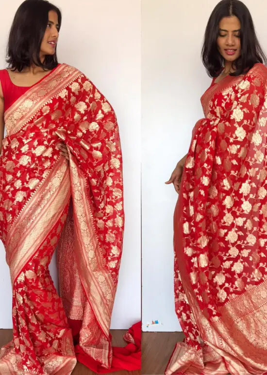 Red Banarasi Silk Saree in Pure Khaddi Georgette adorned with Antique Gold Zari Motifs