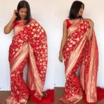 Red Banarasi Silk Saree in Pure Khaddi Georgette adorned with Antique Gold Zari Motifs - Image 2