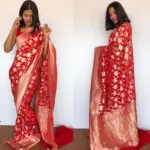 Red Banarasi Silk Saree in Pure Khaddi Georgette adorned with Antique Gold Zari Motifs - Image 3