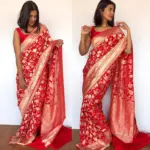 Red Banarasi Silk Saree in Pure Khaddi Georgette adorned with Antique Gold Zari Motifs - Image 4