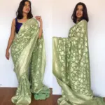 Sea Green Banarasi Silk Saree in Pure Khaddi Georgette adorned with Antique Gold Zari Motifs - Image 5