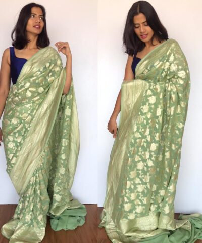 Sea Green Banarasi Silk Saree in Pure Khaddi Georgette adorned with Antique Gold Zari Motifs