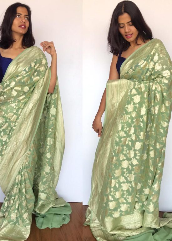 Sea Green Banarasi Silk Saree in Pure Khaddi Georgette adorned with Antique Gold Zari Motifs