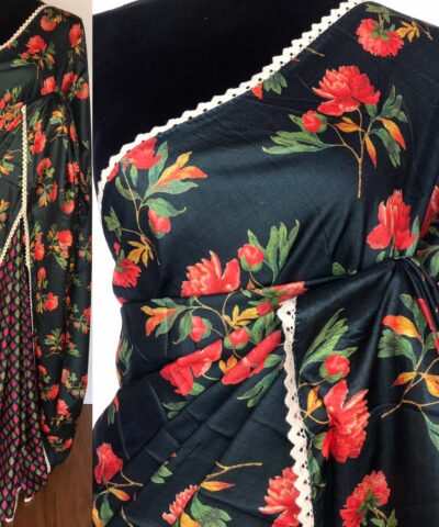 Dark Green Banarasi Silk Saree with Printed Florals