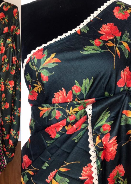 Dark Green Banarasi Silk Saree with Printed Florals