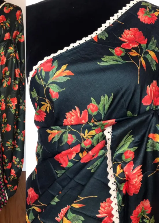 Dark Green Banarasi Silk Saree with Printed Florals