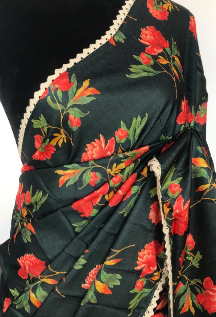 Dark Green Banarasi Silk Saree with Printed Florals