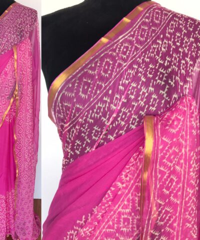 Rose Pink Block Printed Chiffon Saree