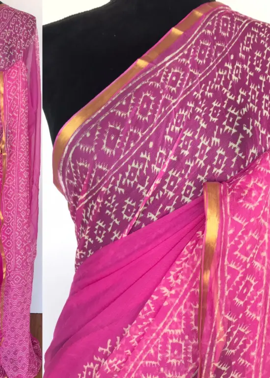 Rose Pink Block Printed Chiffon Saree