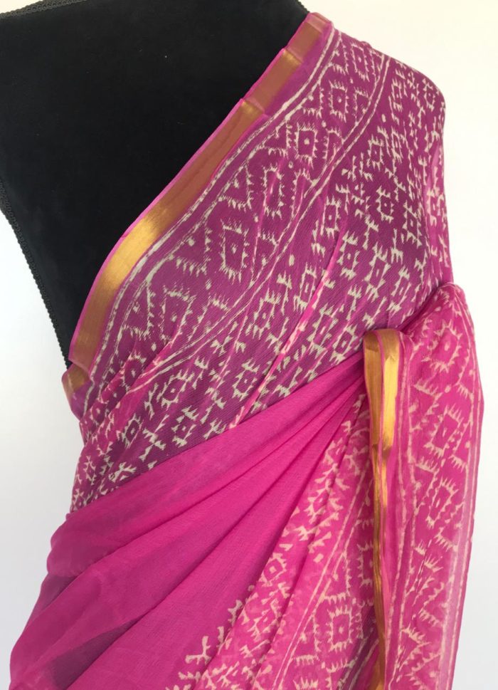 Rose Pink Block Printed Chiffon Saree