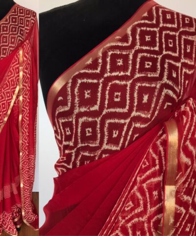 Red Block Printed Chiffon Saree