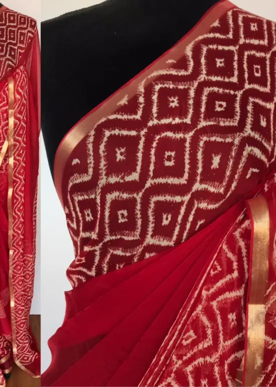 Red Block Printed Chiffon Saree