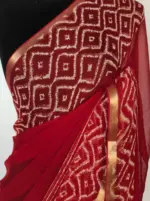 Red Block Printed Chiffon Saree - Image 3