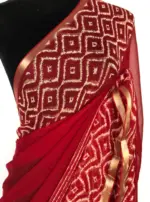 Red Block Printed Chiffon Saree - Image 4