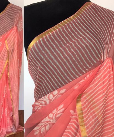 Coral Peach Block Printed Chiffon Saree