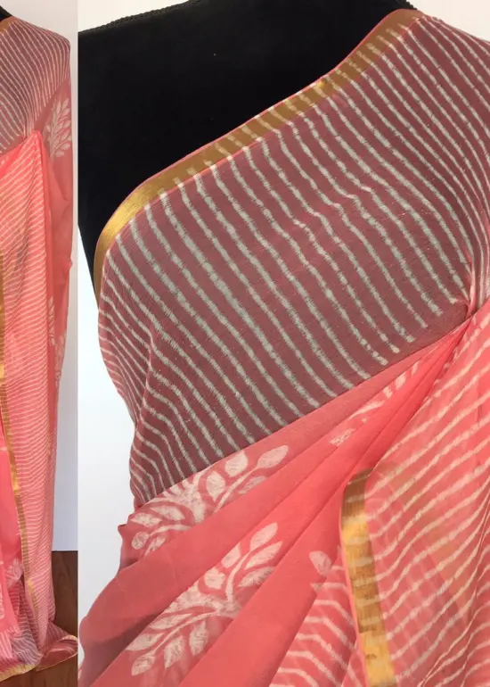 Coral Peach Block Printed Chiffon Saree