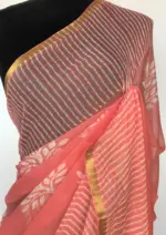 Coral Peach Block Printed Chiffon Saree - Image 3