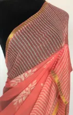 Coral Peach Block Printed Chiffon Saree - Image 4
