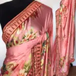 Creamy Pink Satin Saree with floral prints - Image 2