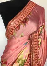 Creamy Pink Satin Saree with floral prints - Image 3