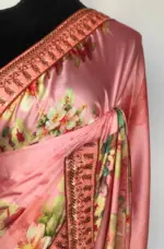 Creamy Pink Satin Saree with floral prints - Image 4