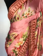 Creamy Pink Satin Saree with floral prints - Image 5