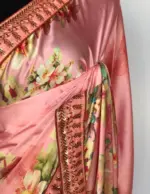 Creamy Pink Satin Saree with floral prints - Image 6
