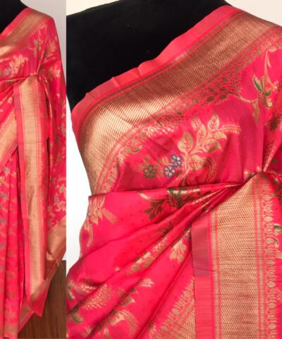Coral Pink Banarasi Silk Saree with Gold Zari Weaves