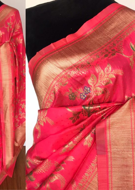Coral Pink Banarasi Silk Saree with Gold Zari Weaves
