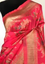 Coral Pink Banarasi Silk Saree with Gold Zari Weaves - Image 2