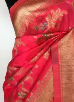 Coral Pink Banarasi Silk Saree with Gold Zari Weaves - Image 4