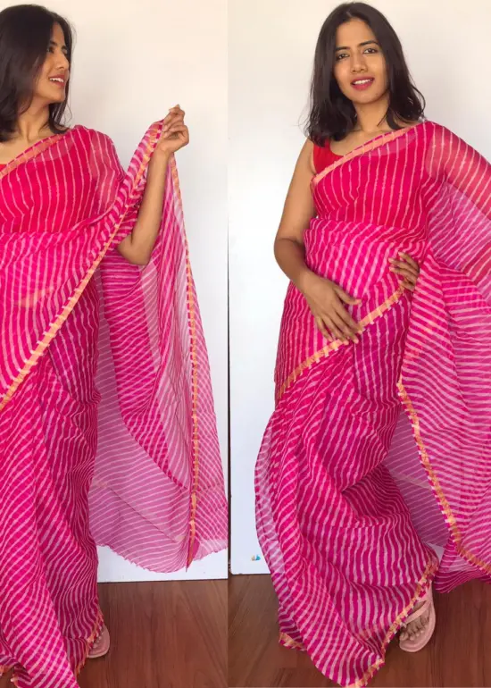 Hot Pink Kota Silk Leheriya Saree