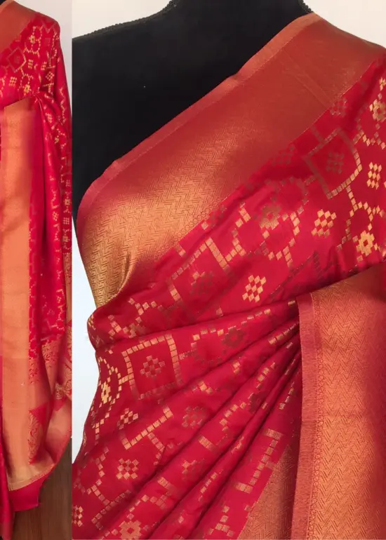 Raspberry Red Banarasi Silk Saree with Gold Zari Weaves