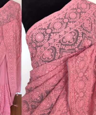 Powder Pink Georgette Saree with Lucknowi Thread Work