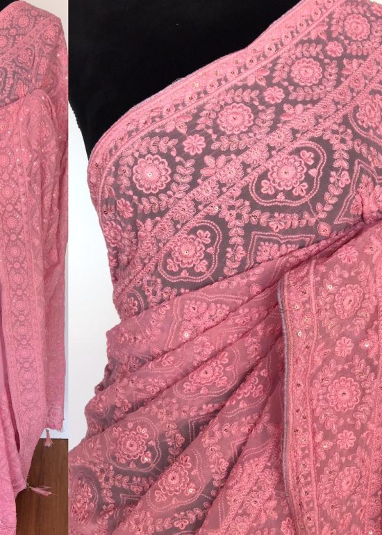 Powder Pink Georgette Saree with Lucknowi Thread Work
