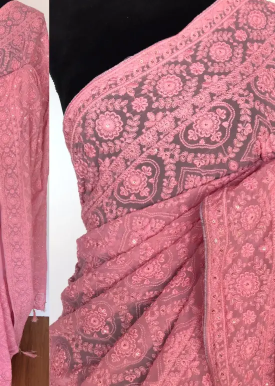Powder Pink Georgette Saree with Lucknowi Thread Work