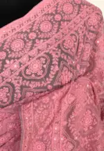 Powder Pink Georgette Saree with Lucknowi Thread Work - Image 6