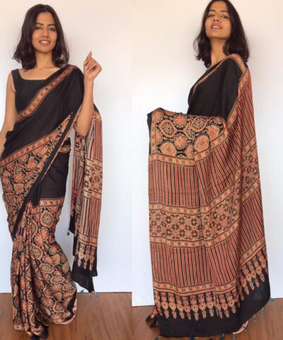 Black Modal Silk Saree with Ajrakh Hand Block Prints
