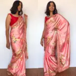 Creamy Pink Satin Saree with floral prints