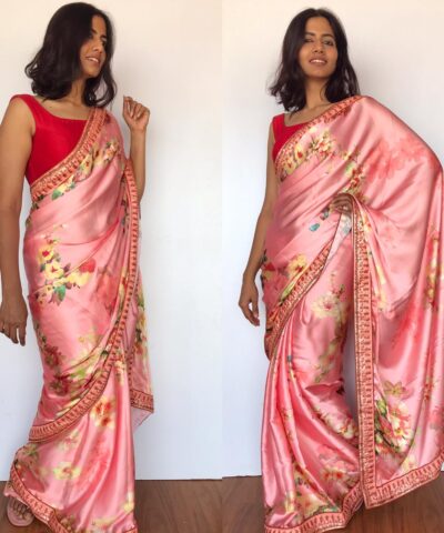 Creamy Pink Satin Saree with floral prints