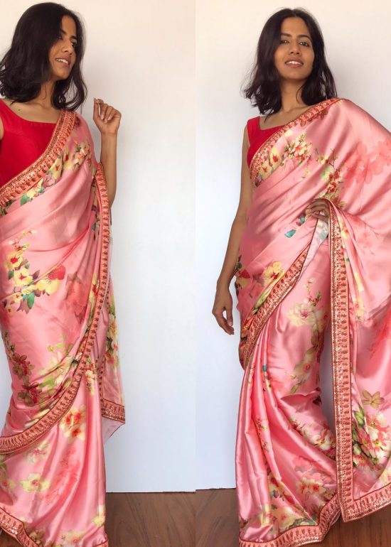 Creamy Pink Satin Saree with floral prints