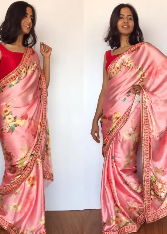 Creamy Pink Satin Saree with floral prints