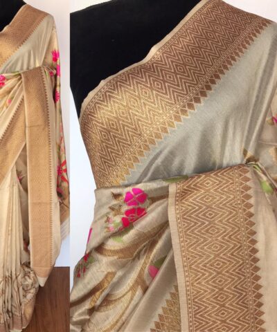 Cream Banarasi Silk Saree with antique zari and meenakari weaves