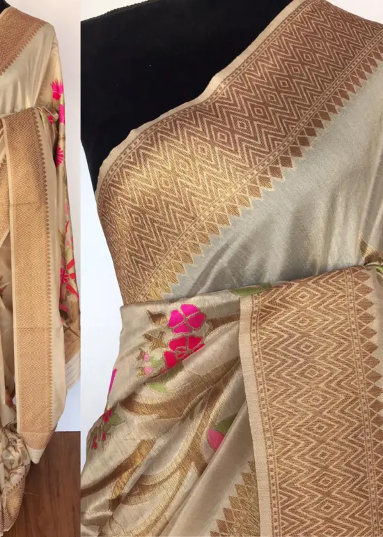 Cream Banarasi Silk Saree with antique zari and meenakari weaves