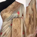 Off White Banarasi Silk Saree with Antique Gold Zari Weaves - Image 2