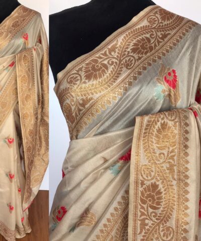 Off White Banarasi Silk Saree with Antique Gold Zari Weaves