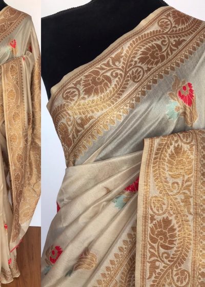 Off White Banarasi Silk Saree with Antique Gold Zari Weaves