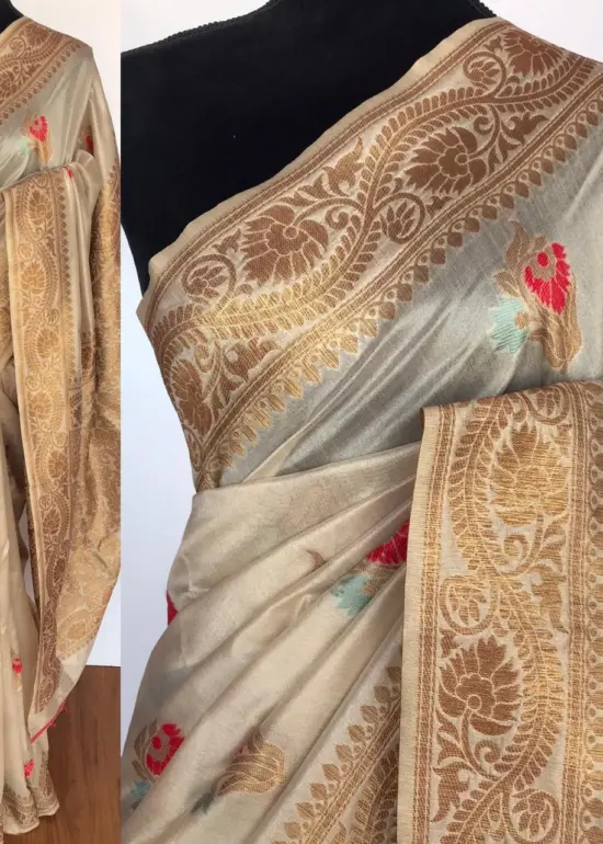 Off White Banarasi Silk Saree with Antique Gold Zari Weaves