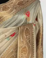 Off White Banarasi Silk Saree with Antique Gold Zari Weaves - Image 5
